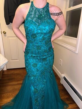 Stunning Sherri Hill Teal Beaded Mermaid Prom Dress - Style #51939 - Size 6